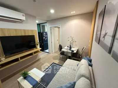 Modern living room with cozy dining area and stylish decor