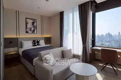 Luxurious bedroom with stunning city view and modern decor