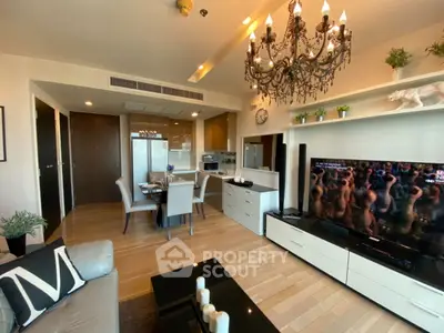 Luxurious living room with elegant chandelier and modern decor