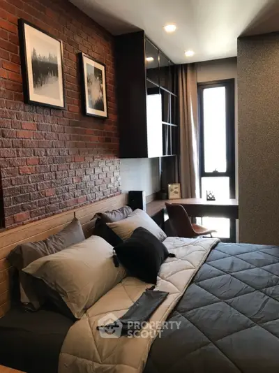 Modern bedroom with brick accent wall and cozy decor