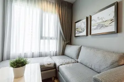 Modern living room with stylish gray sofa and elegant decor