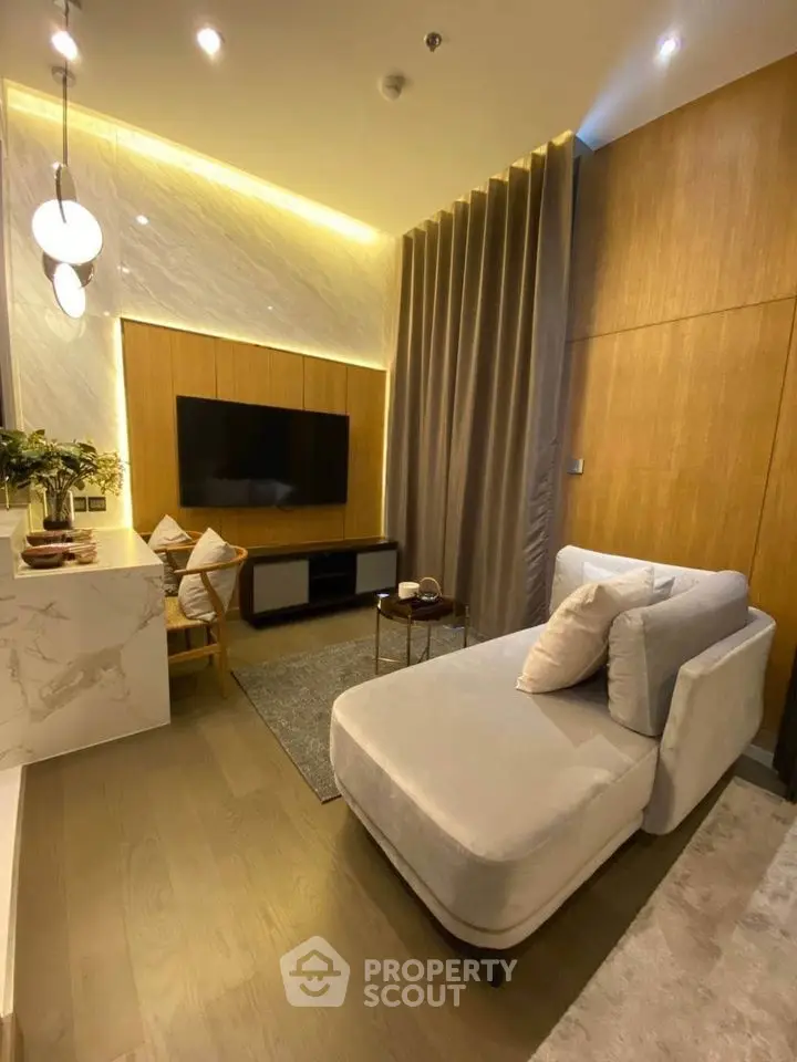 Luxurious modern living room with elegant lighting and plush seating