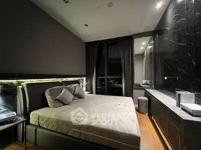 Luxurious modern bedroom with city view, elegant decor, and ambient lighting.