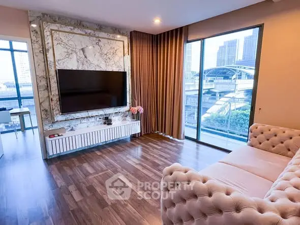 Luxurious living room with modern decor and stunning city view