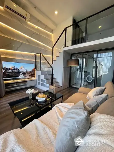 Modern loft living room with stylish decor and mezzanine level