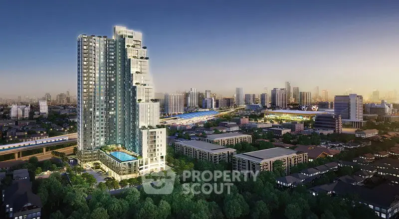 Stunning high-rise building with pool and cityscape view at dusk.