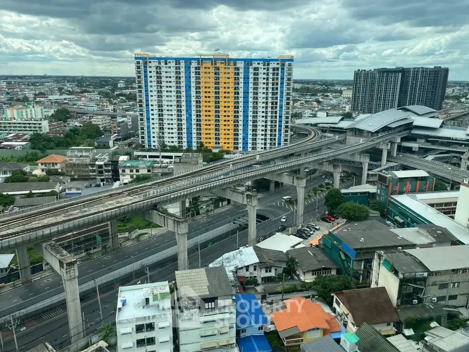 Stunning cityscape with modern high-rise buildings and elevated train tracks under a dramatic sky.