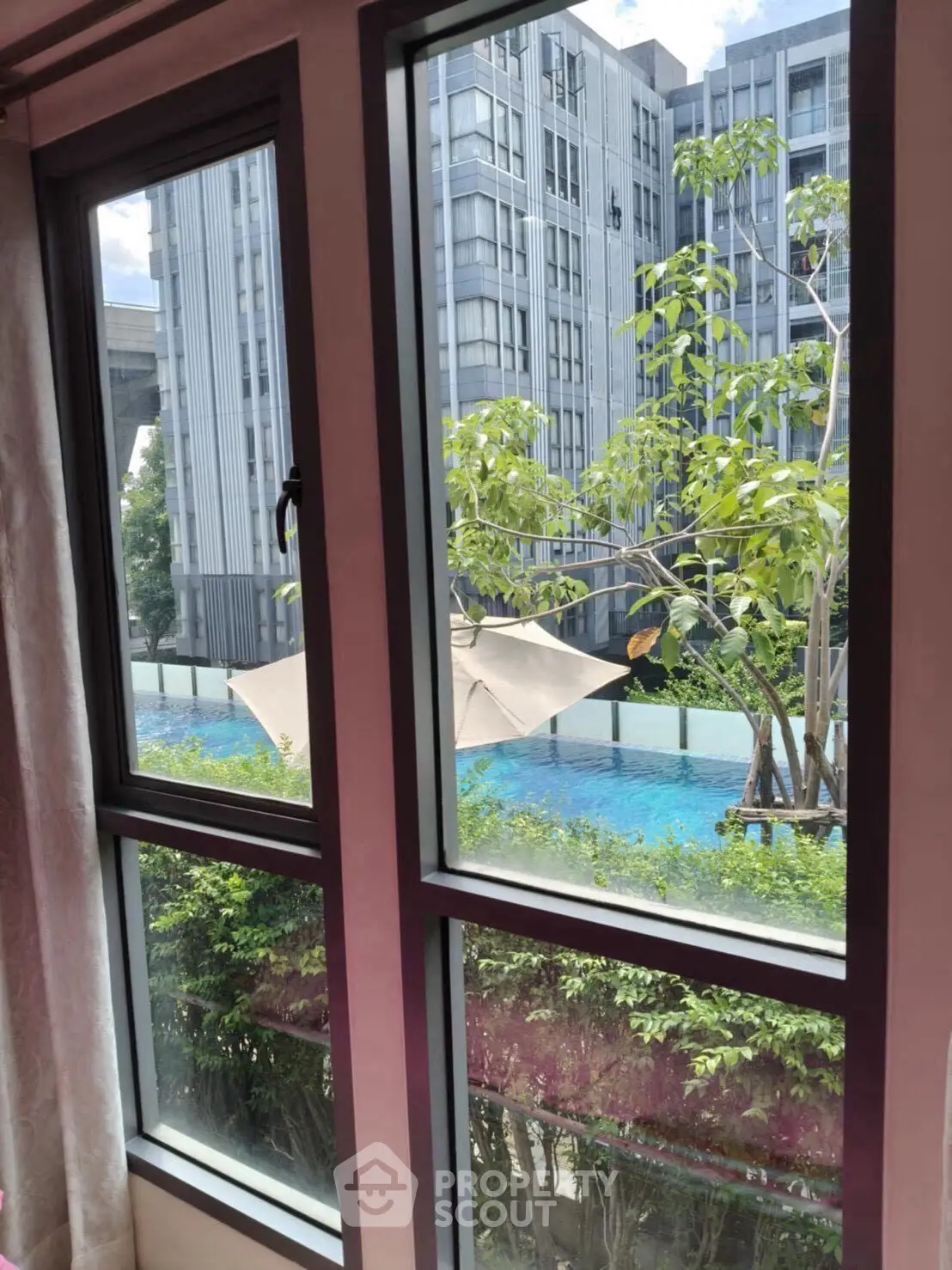 Stunning pool view from modern apartment window with lush greenery and urban backdrop.