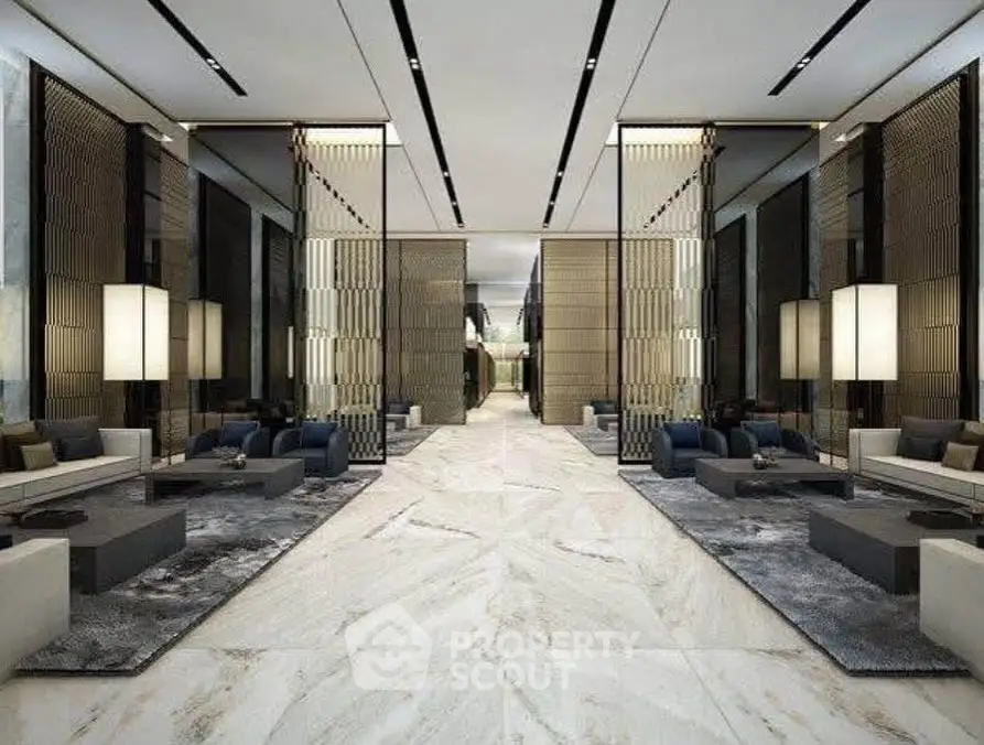 Luxurious modern lobby with elegant seating and marble flooring