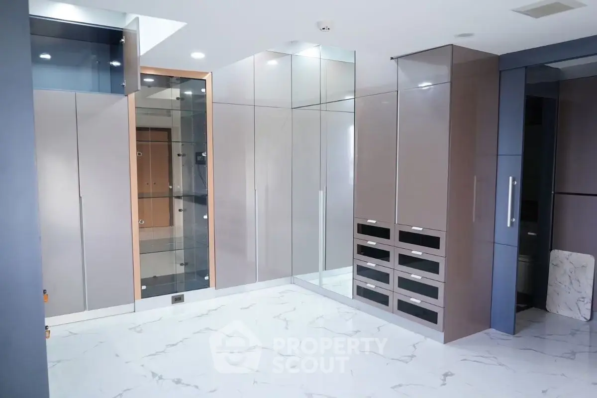 Spacious modern storage room with sleek cabinetry and marble flooring