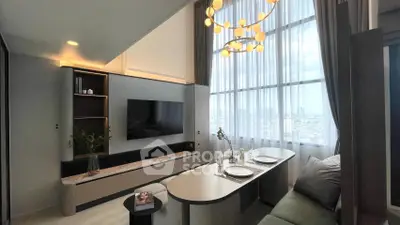 Modern living room with stylish decor and panoramic city view