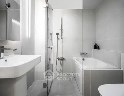 Modern bathroom with sleek design and bathtub in luxury apartment
