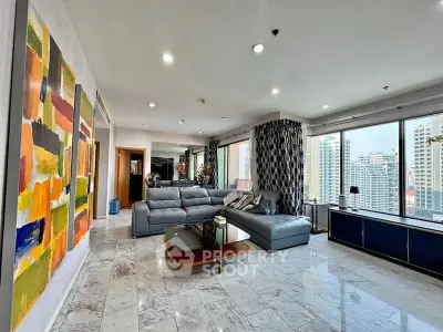 Spacious modern living room with city view and elegant decor