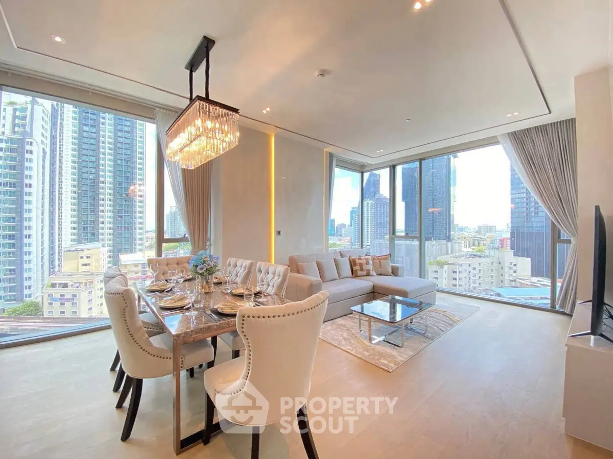 Luxurious corner unit living room with stunning city views and elegant dining area