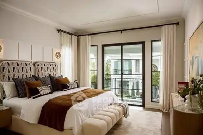 Luxurious bedroom with elegant decor and large windows overlooking a garden view.