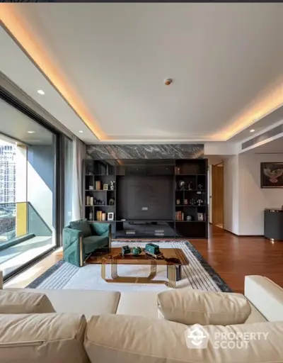 Luxurious modern living room with elegant decor and city view balcony