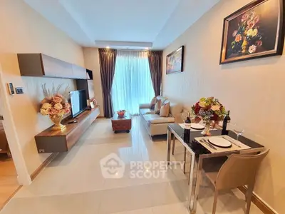Elegant living room with modern decor, cozy seating, and dining area, perfect for stylish urban living.