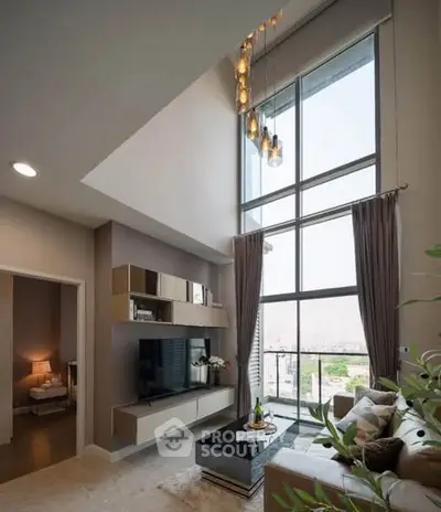 Luxurious high-ceiling living room with modern decor and large windows offering stunning city views.