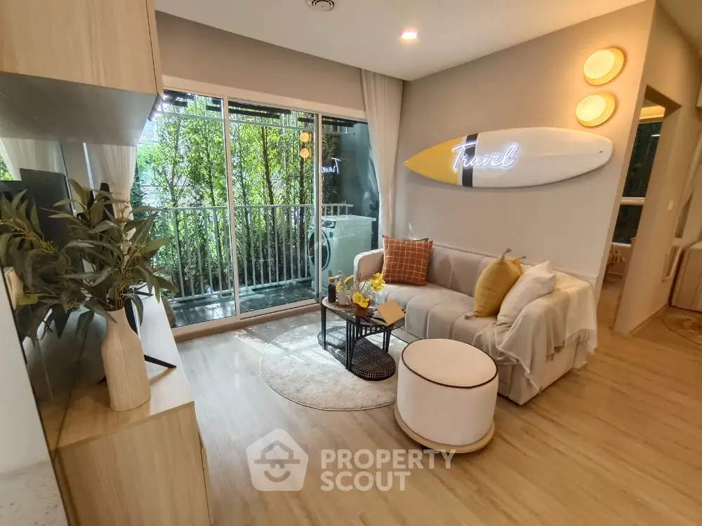 Chic modern living room with cozy decor and balcony view