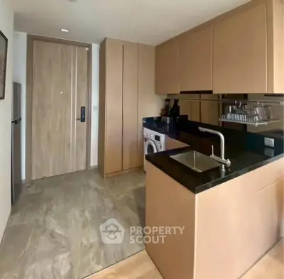 Modern kitchen with sleek cabinetry and integrated washing machine in a compact layout.