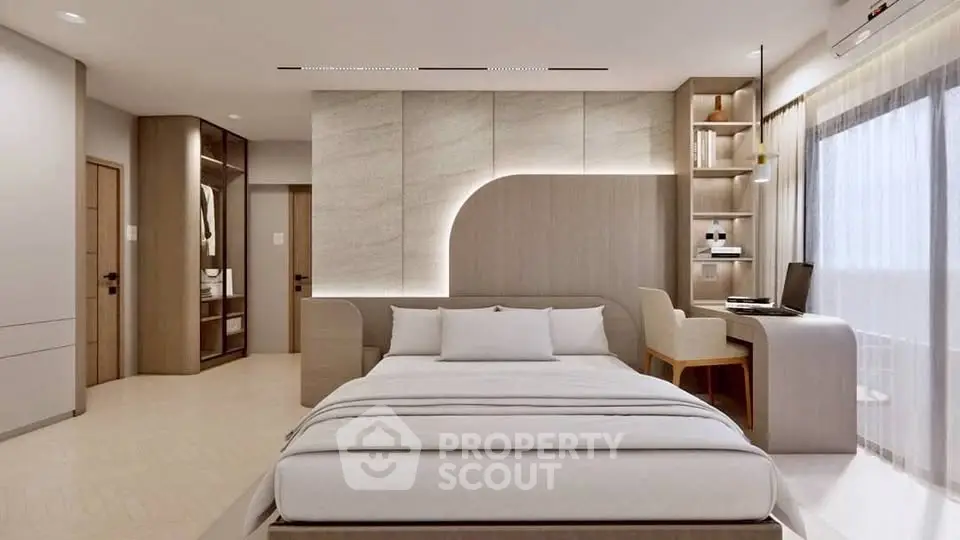 Modern bedroom with sleek design and integrated workspace