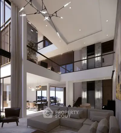 Luxurious modern living room with high ceilings and elegant lighting