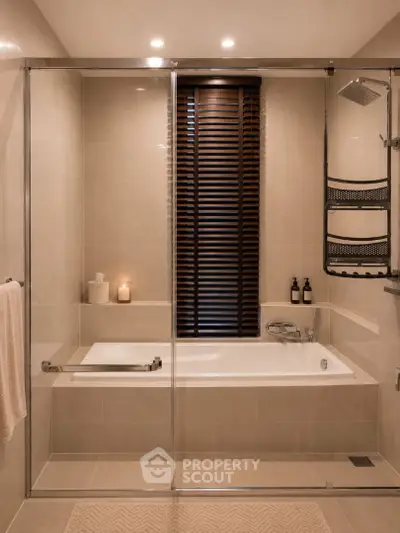 Luxurious bathroom with elegant bathtub and modern fixtures, perfect for relaxation.