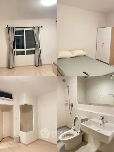 Modern apartment interior with bedroom and bathroom, featuring minimalist design and neutral tones.