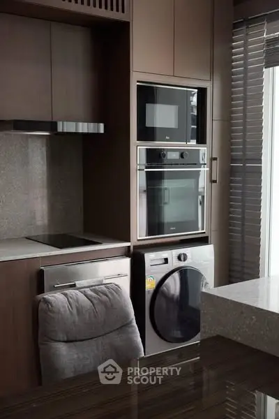Modern kitchen with built-in appliances and sleek cabinetry design