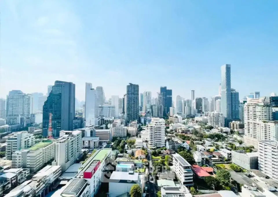 Stunning cityscape view showcasing modern skyscrapers and urban landscape under a clear blue sky.