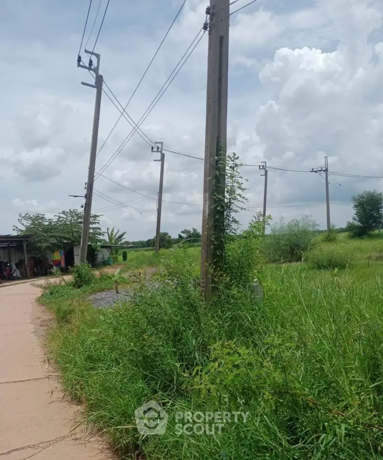Scenic rural land with utility poles and lush greenery under a cloudy sky.