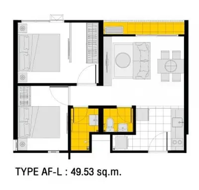 Modern apartment floor plan with two bedrooms and open living area, 49.53 sqm.