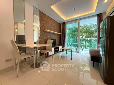 Modern living room with balcony view and stylish decor