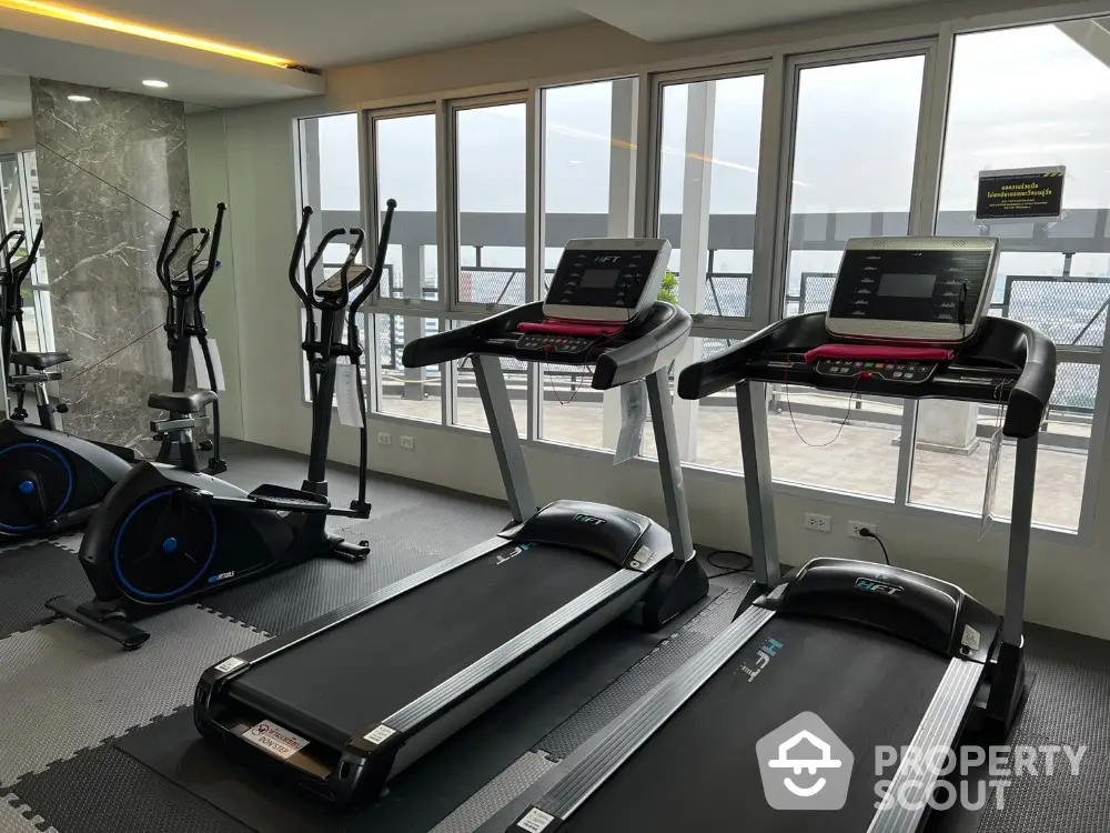 Modern gym with treadmills and elliptical machines overlooking a scenic view.