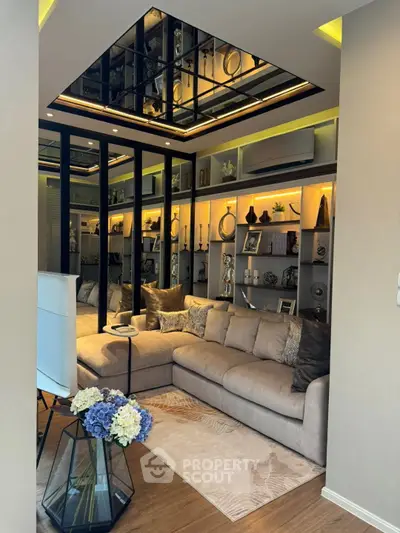 Luxurious modern living room with elegant decor and cozy seating area
