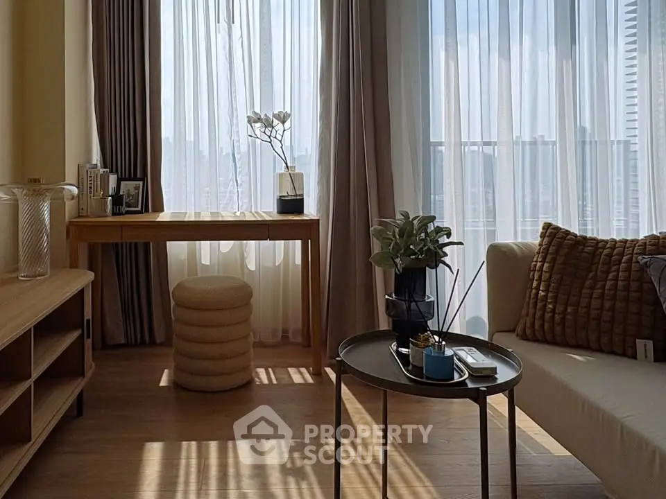 Bright and airy living room with modern decor and city view