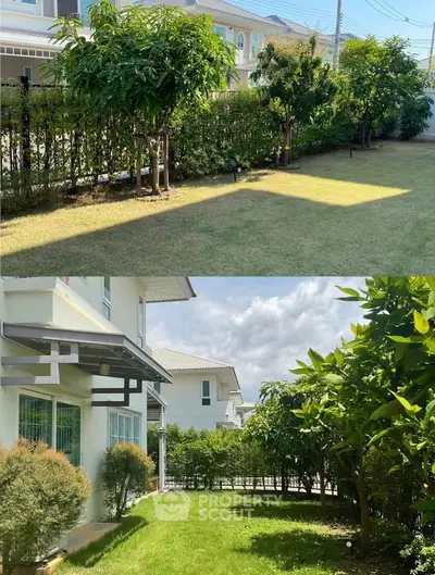 Charming suburban garden with lush greenery and modern house exterior, perfect for family living.