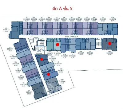 Floor plan of Building A showcasing unit layouts and common areas on level 5.