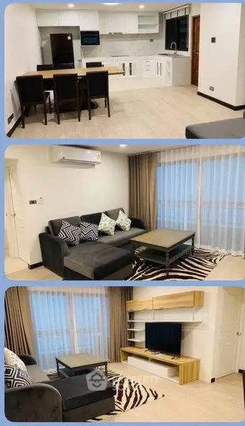 Modern open-layout living room with stylish kitchen and cozy seating area