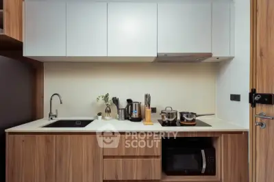 Modern compact kitchen with wooden cabinets and sleek appliances