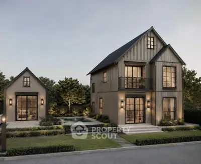 Stunning modern farmhouse with pool and lush garden, perfect for luxury living.