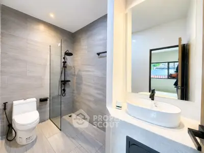 Modern bathroom with sleek design and glass shower enclosure