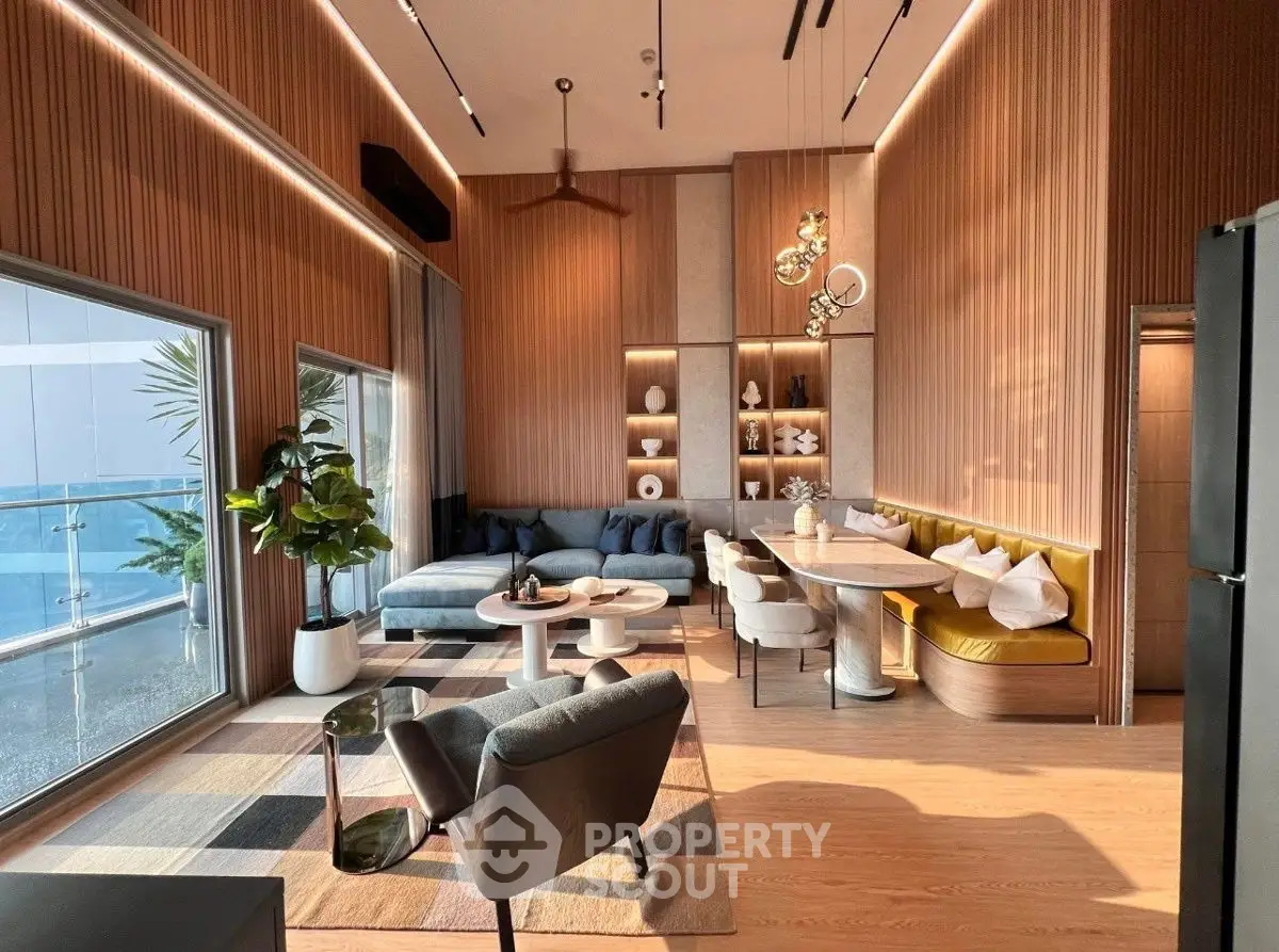 Luxurious modern living room with high ceilings and elegant decor