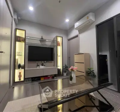 Modern living room with sleek furniture and ambient lighting