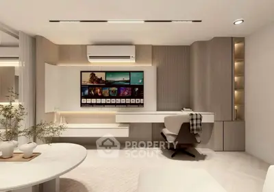 Modern living room with sleek furniture and wall-mounted TV, featuring elegant lighting and neutral tones.