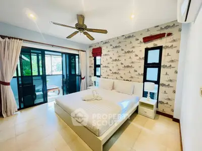 Spacious bedroom with balcony access and stylish decor in modern apartment.