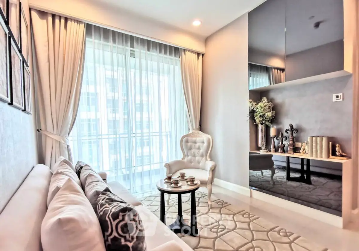 Elegant living room with plush seating and stylish decor in modern apartment