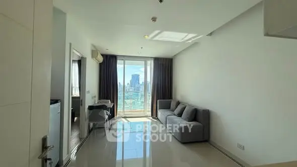 Modern living room with city view and sleek furniture
