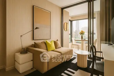 Stylish living room with modern decor and city view balcony, perfect for urban living.