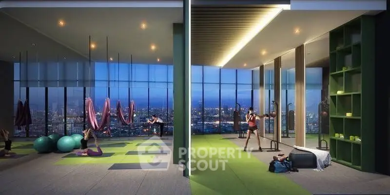 Luxurious high-rise gym with panoramic city views and modern fitness equipment.